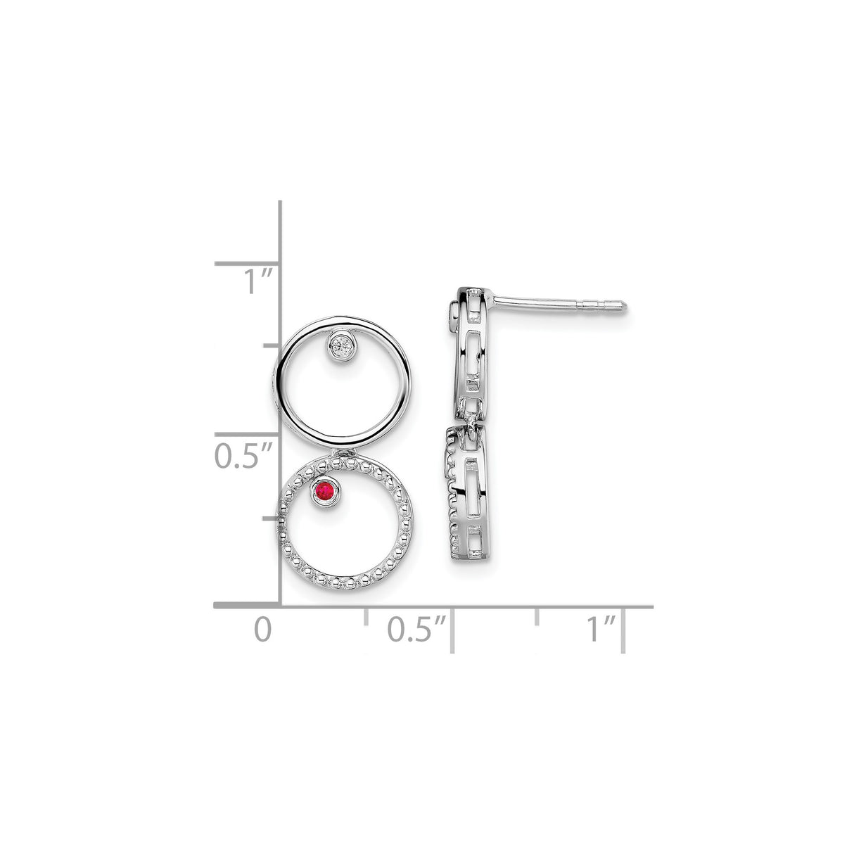 Sterling Silver Dangle Earrings with Ruby and Diamond, Dual Open Circle, Modern Drop Style