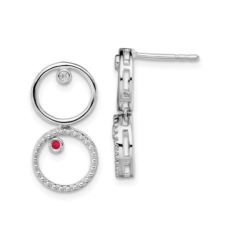 Sterling Silver Dangle Earrings with Ruby and Diamond, Dual Open Circle, Modern Drop Style
