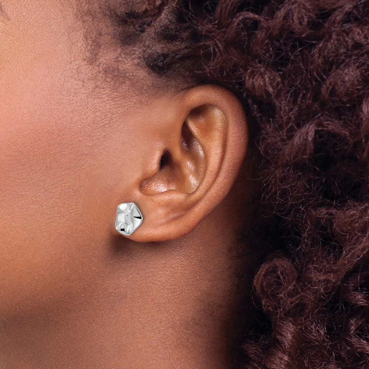 Sterling Silver Stud Earrings with Diamond, Wavy Floral Motif, Modern Minimalist Design for Women