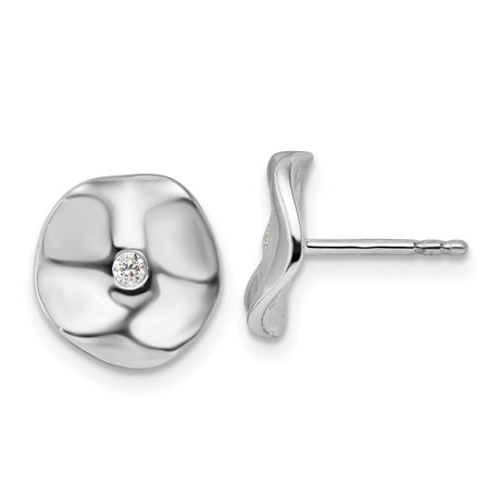 Sterling Silver Stud Earrings with Diamond, Wavy Floral Motif, Modern Minimalist Design for Women