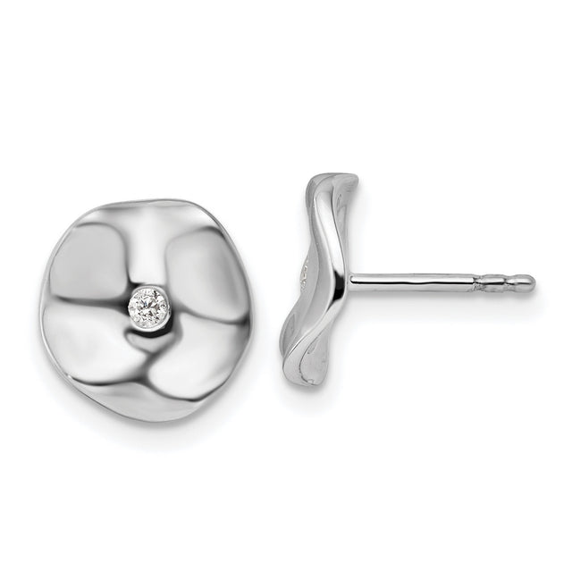 Sterling Silver Stud Earrings with Diamond, Wavy Floral Motif, Modern Minimalist Design for Women