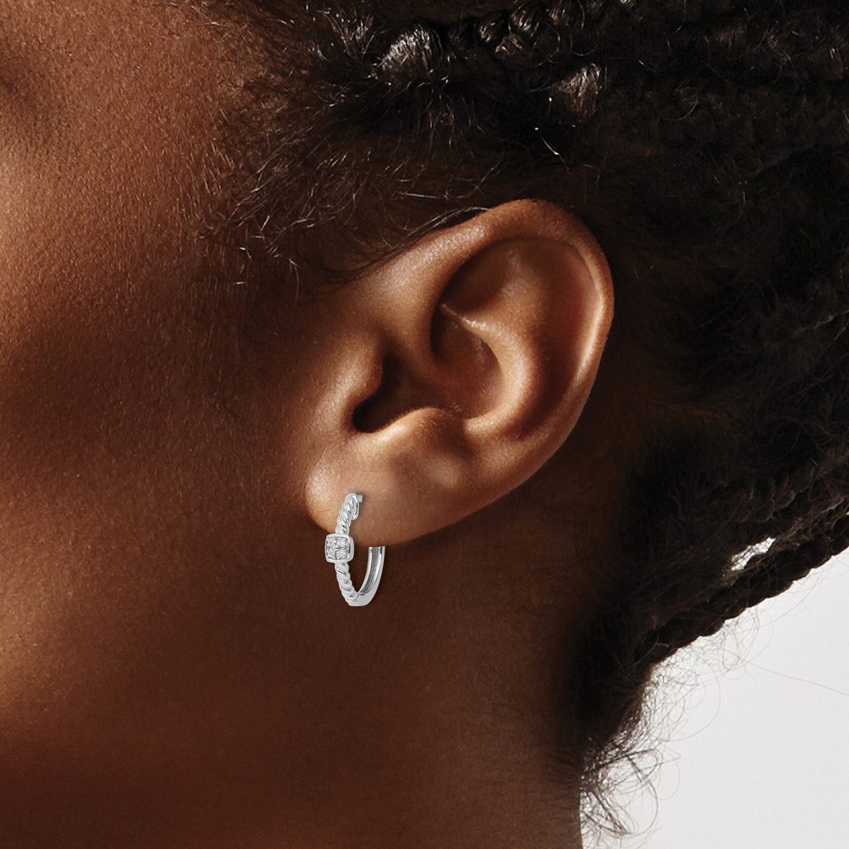 Sterling Silver Twisted Hoop Earrings with Diamond Cluster and Textured Rope Design
