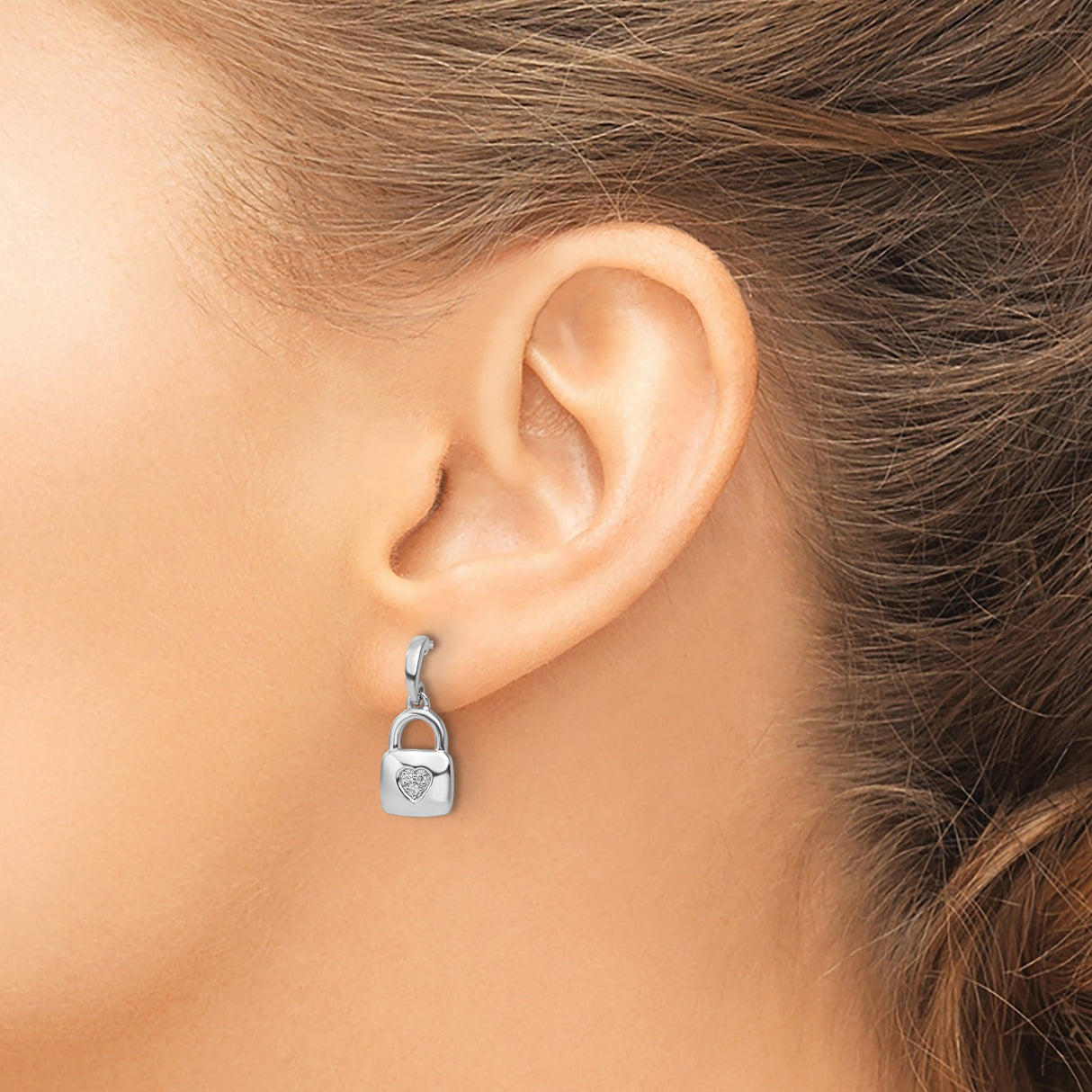 Sterling Silver Earrings with Diamond Heart, Padlock Design, Romantic Minimalist Style