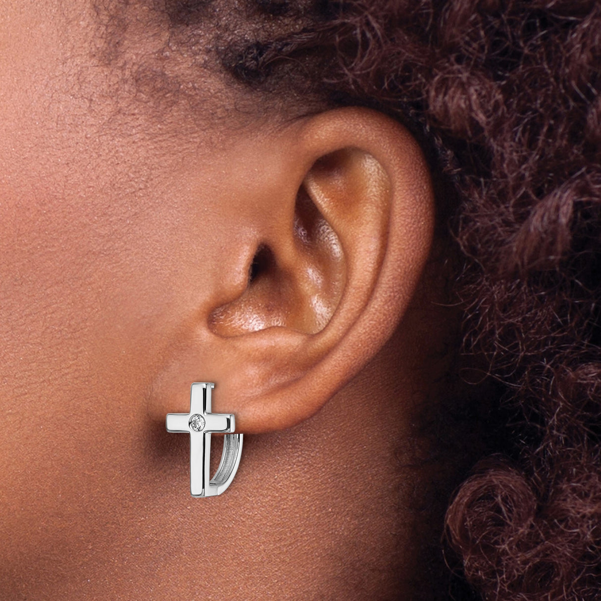 Sterling Silver Cross Hoop Earrings Clear Gemstone Center