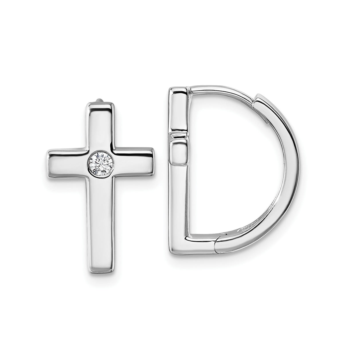 Sterling Silver Cross Hoop Earrings for Women with Clear Gemstone Center, Polished Finish, Rhodium Plated Religious Jewelry, Christian Faith Symbol, Elegant Spiritual Jewelry, Daily Wear Hoops