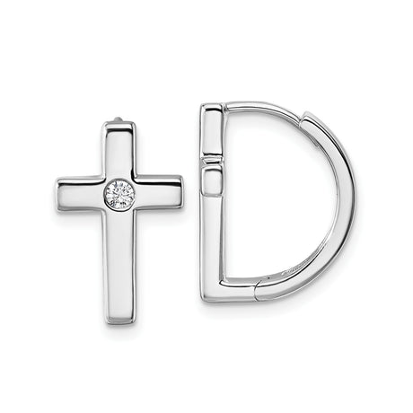 Sterling Silver Cross Hoop Earrings for Women with Clear Gemstone Center, Polished Finish, Rhodium Plated Religious Jewelry, Christian Faith Symbol, Elegant Spiritual Jewelry, Daily Wear Hoops