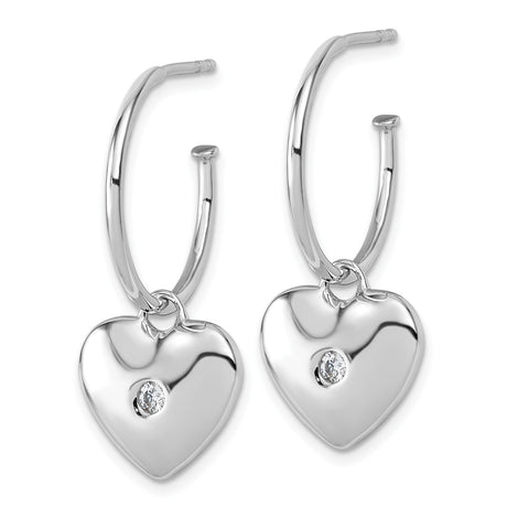Sterling Silver Hoop Earrings with Diamond Accents and Heart Shaped Charms