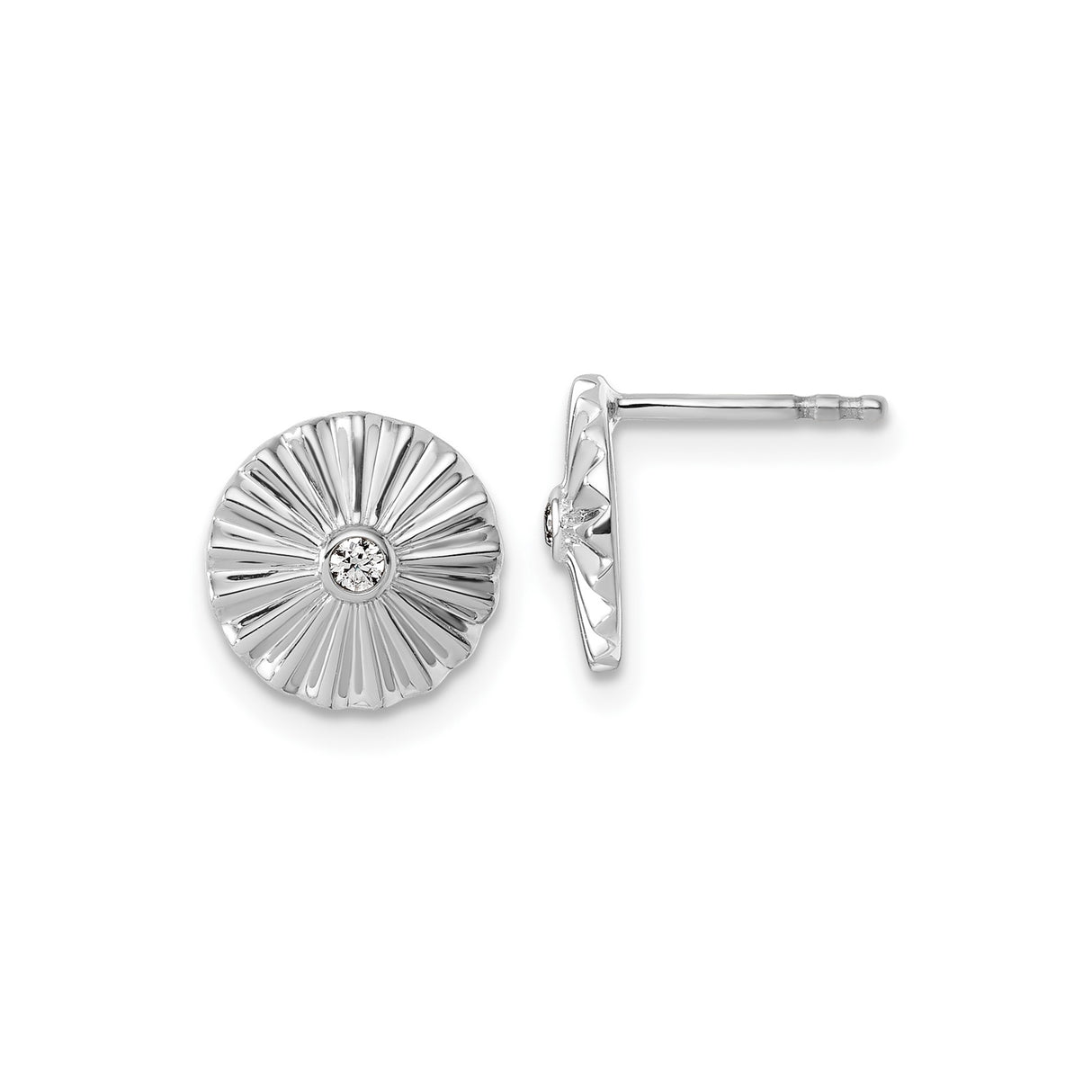 Sterling Silver Sunburst Stud Earrings with Clear Stone Center, Rhodium Plated Minimalist Floral Design, Radiant Pattern for Daily Wear, Modern Elegant Jewelry, Versatile Statement Silver Studs