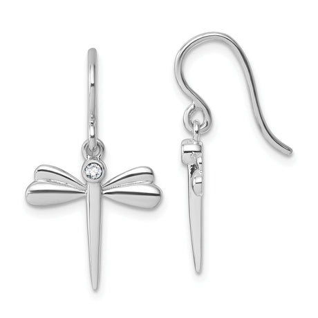 Sterling Silver Dragonfly Dangle Earrings with Diamond Accent and Detailed Wing Design
