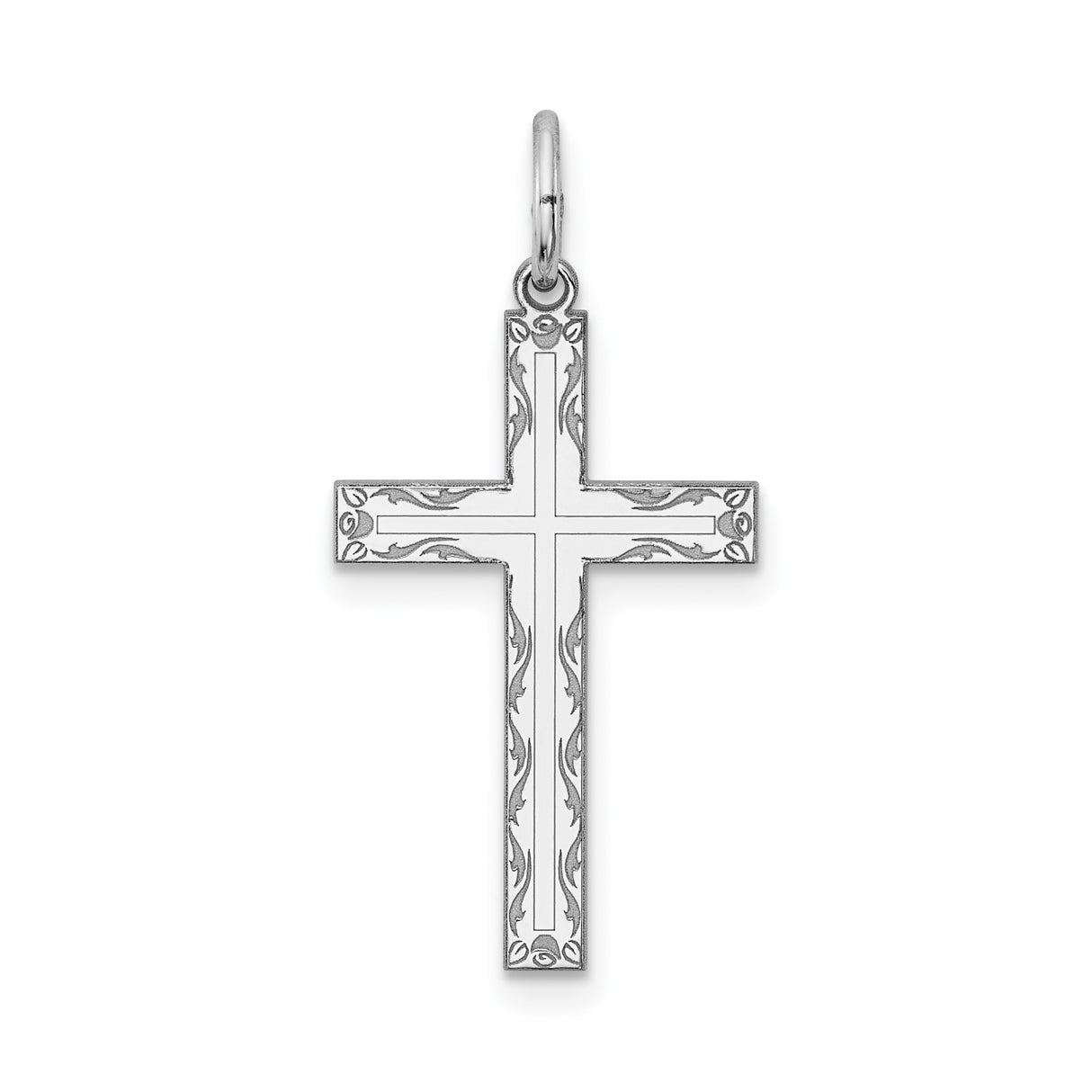Sterling Silver Latin Cross Pendant with Etched Scrollwork and Mirror Finish for Men and Women