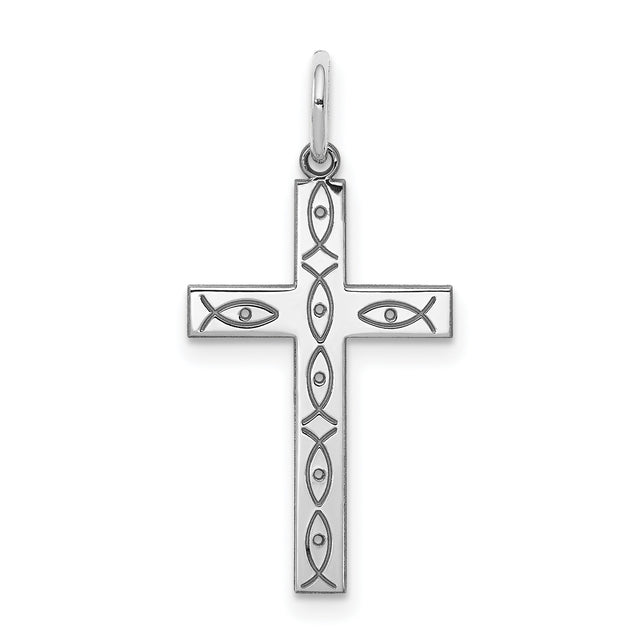 Latin Cross With Several Ichthys And Eye Charm Pendant in Real 925 Sterling Silver