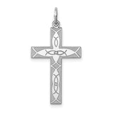 Latin Cross With Etched Intersecting Ichthys Charm Pendant in Real 925 Sterling Silver