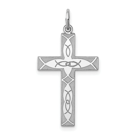 Latin Cross With Etched Intersecting Ichthys Charm Pendant in Real 925 Sterling Silver