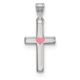Sterling Silver Cross Pendant with Pink Heart Center, Polished Faith-Inspired Jewelry for Women