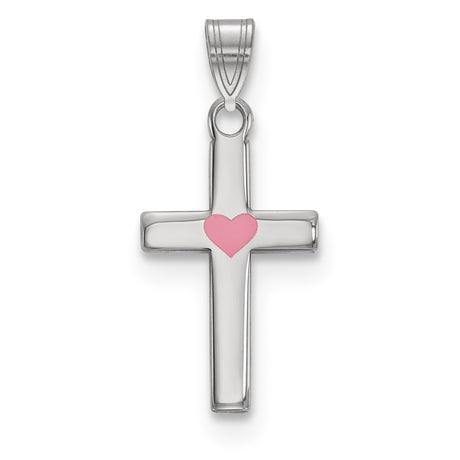 Sterling Silver Cross Pendant with Pink Heart Center, Polished Faith-Inspired Jewelry for Women