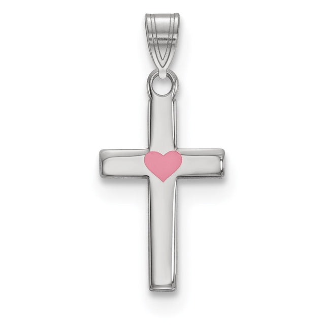 Sterling Silver Cross Pendant with Pink Heart Center, Polished Faith-Inspired Jewelry for Women