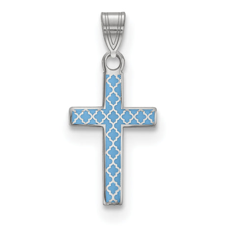 Blue Enameled Cross Hatch Cross Charm Pendant in Real 925 Sterling Silver