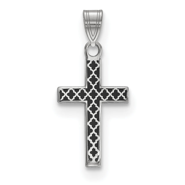 Black Enameled Cross Hatch Cross Charm Pendant in Real 925 Sterling Silver