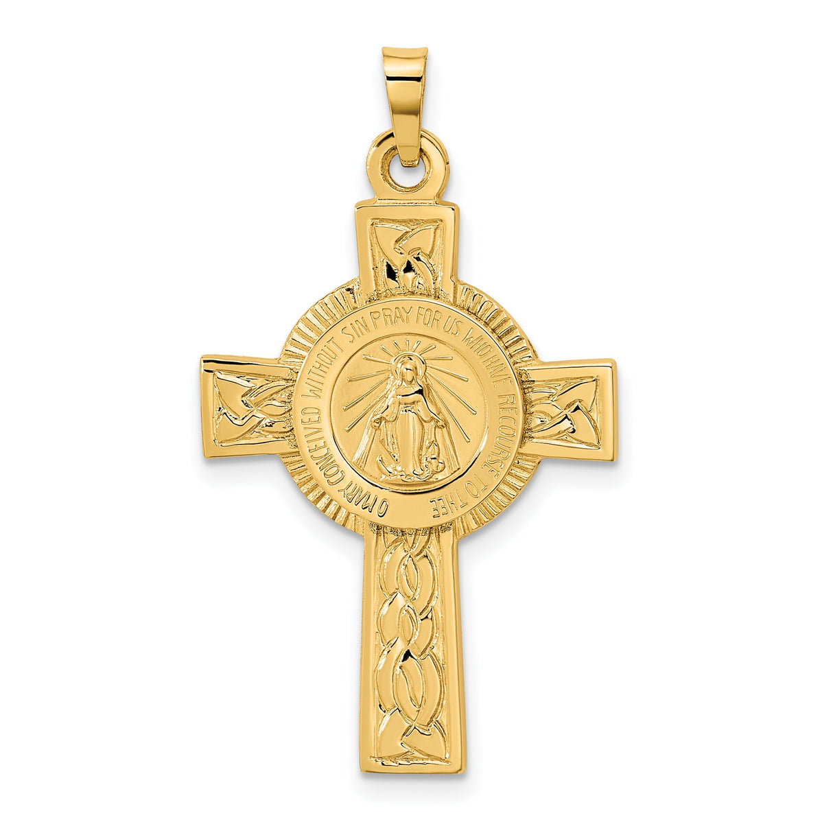 14k Yellow Gold Cross Pendant with Miraculous Medal, Virgin Mary Design for Men and Women