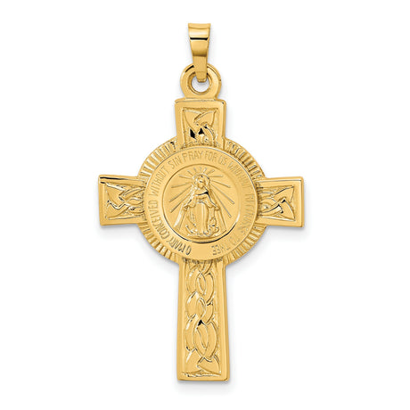 14k Yellow Gold Cross Pendant with Miraculous Medal, Virgin Mary Design for Men and Women