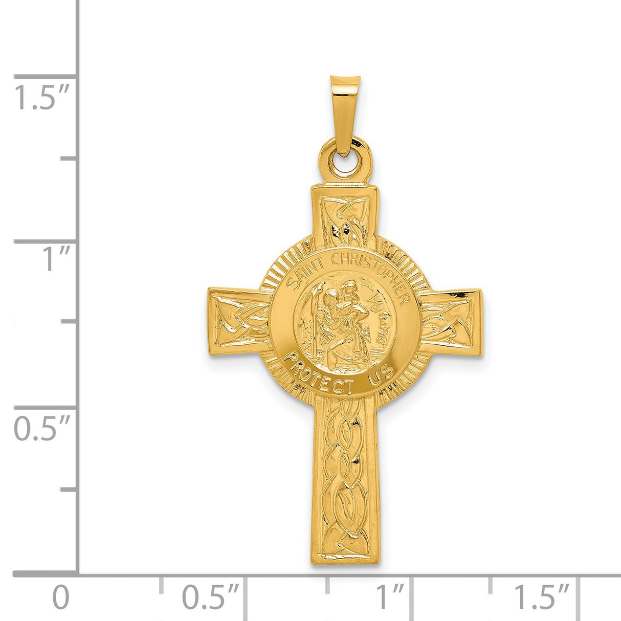 Saint Christopher Protect Us Words Celtic Cross Charm Pendant in Real 14k Yellow Gold