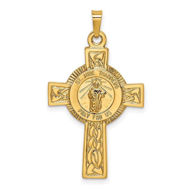 Saint Jude Thaddeus Pray For Us Words Celtic Cross Charm Pendant in Real 14k Yellow Gold