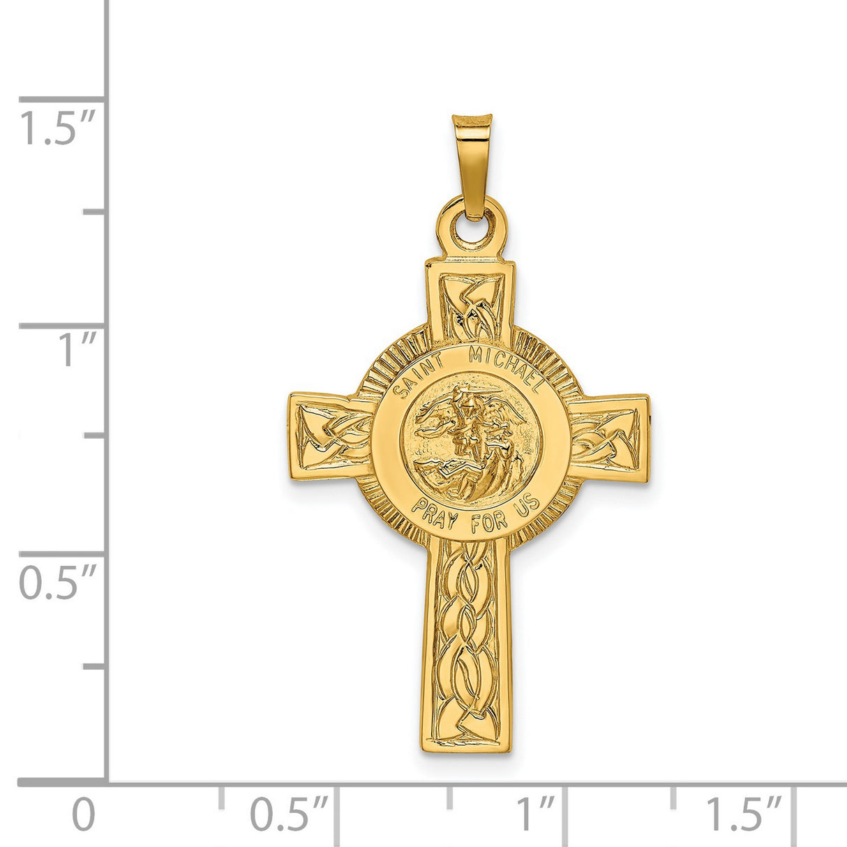 Saint Michael Pray For Us Words Celtic Cross Charm Pendant in Real 14k Yellow Gold