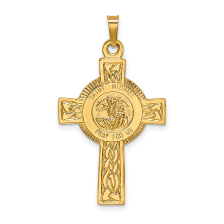 Saint Michael Pray For Us Words Celtic Cross Charm Pendant in Real 14k Yellow Gold