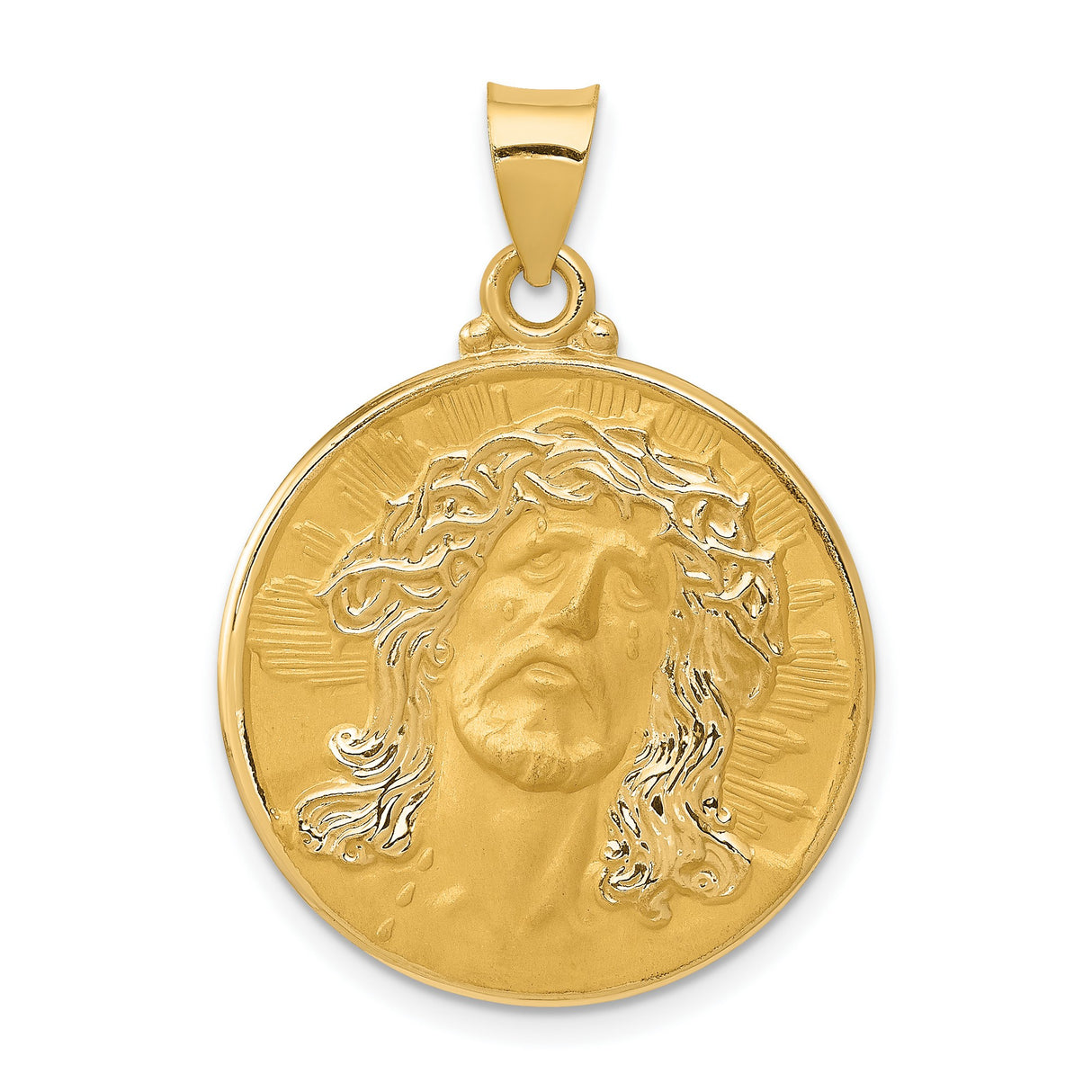 Hollow Round Embossed Face Of Jesus Medal Charm Pendant in Real 14k Yellow Gold