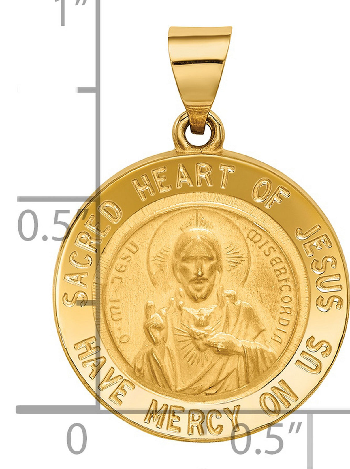 Hollow Sacred Heart of Jesus Have Mercy Us Words Round Medal Charm Pendant in Real 14k Yellow Gold