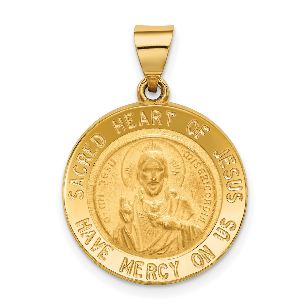 Hollow Sacred Heart of Jesus Have Mercy Us Words Round Medal Charm Pendant in Real 14k Yellow Gold