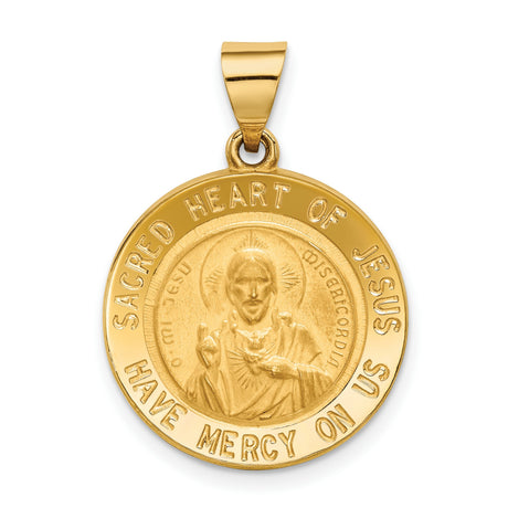 Hollow Sacred Heart of Jesus Have Mercy Us Words Round Medal Charm Pendant in Real 14k Yellow Gold