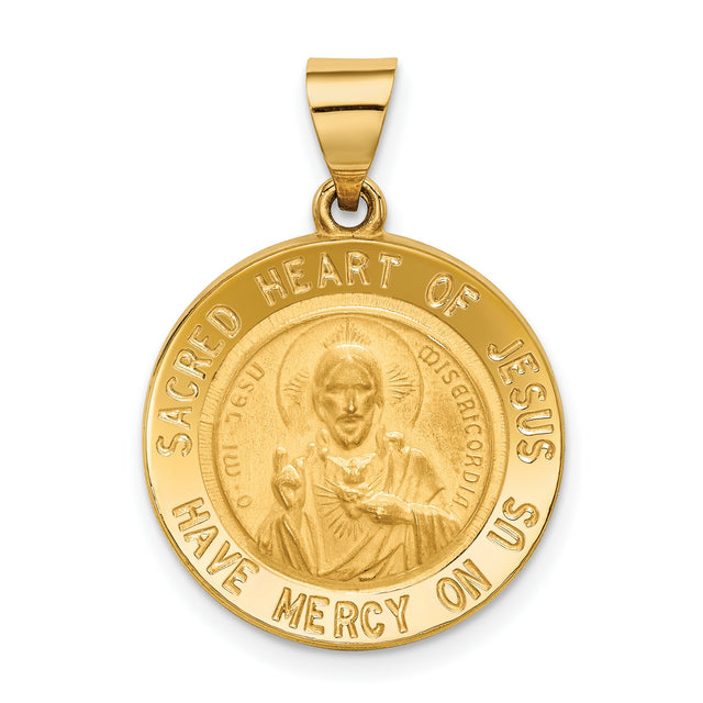 Hollow Sacred Heart of Jesus Have Mercy Us Words Round Medal Charm Pendant in Real 14k Yellow Gold