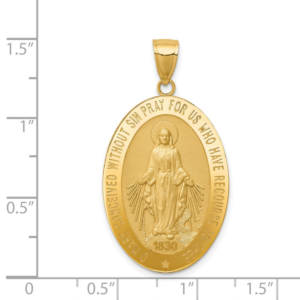 Mary Mother of God Miraculous Medal with Words Solid Oval Charm Pendant in Real 14k Yellow Gold