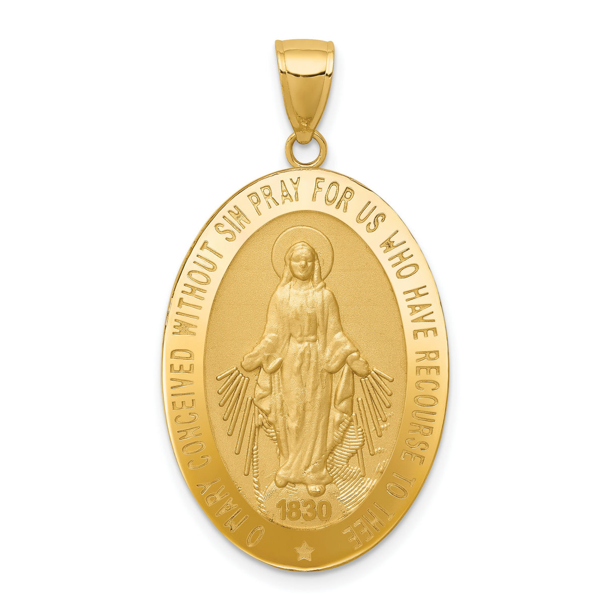 Mary Mother of God Miraculous Medal with Words Solid Oval Charm Pendant in Real 14k Yellow Gold