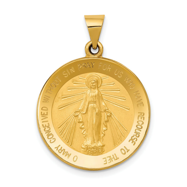 Hollow Miraculous Medal Of The Our Lady Of Graces With Words Charm Pendant in Real 14k Yellow Gold