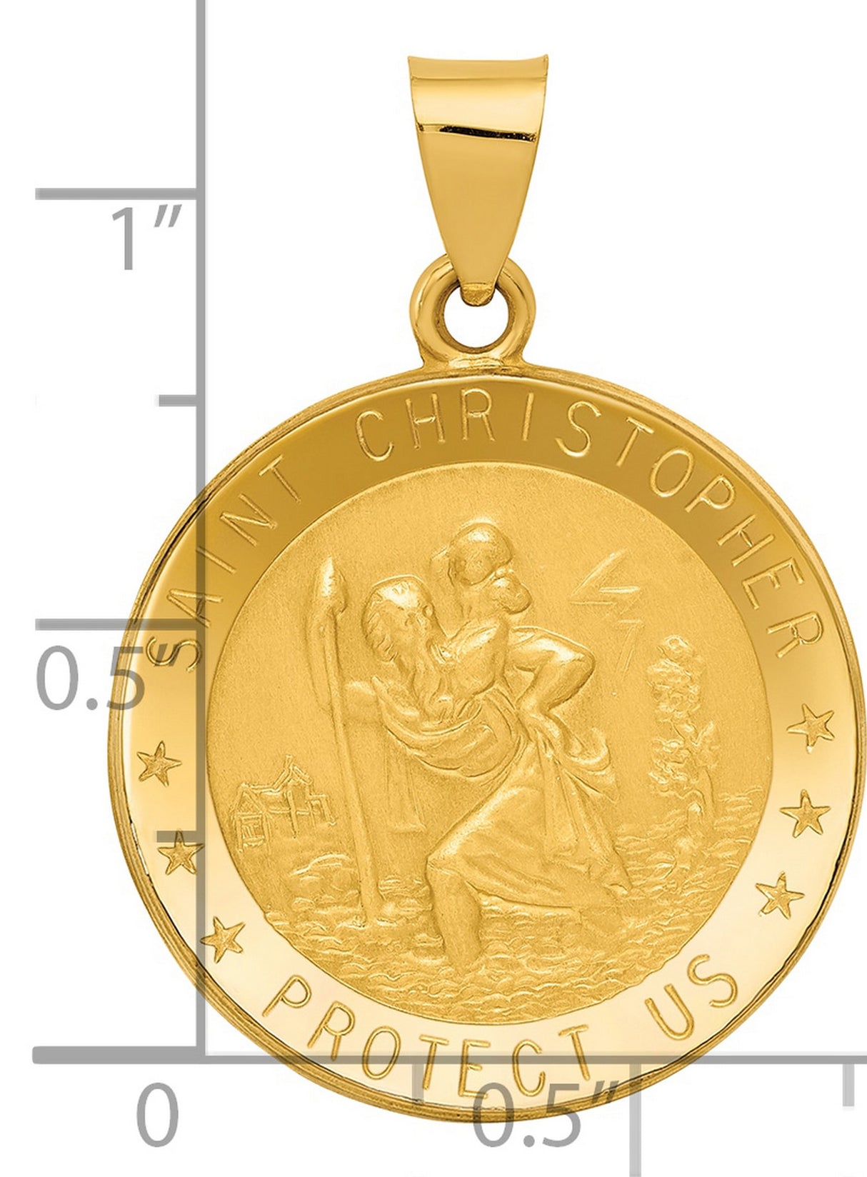 Hollow Saint Christopher Protect Us Words Round Medal Charm Pendant in Real 14k Yellow Gold