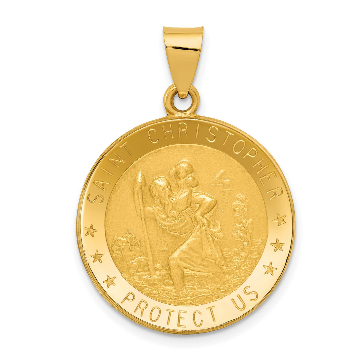 Hollow Saint Christopher Protect Us Words Round Medal Charm Pendant in Real 14k Yellow Gold