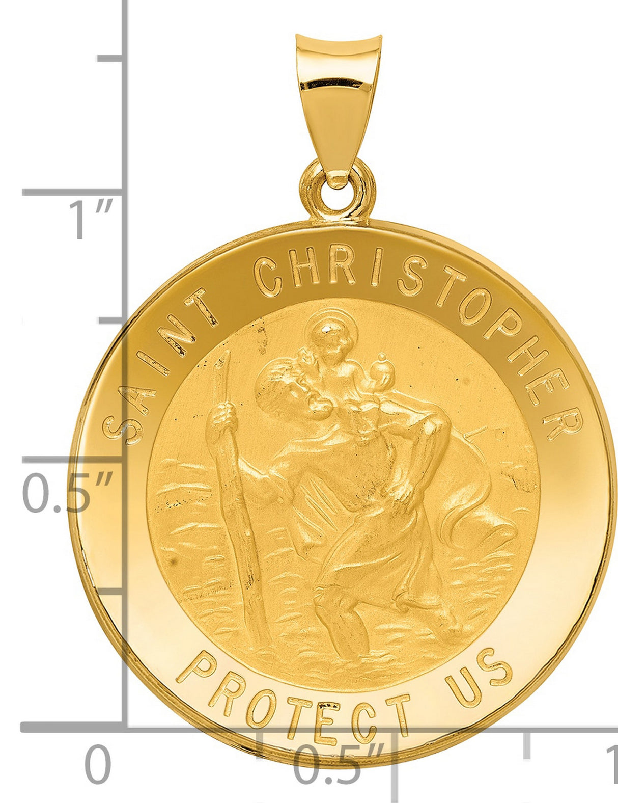 Hollow Saint Christopher Protect Us Words Round Medal Charm Pendant in Real 14k Yellow Gold