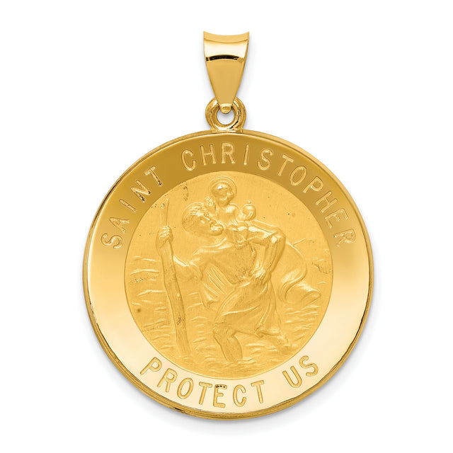 Hollow Saint Christopher Protect Us Words Round Medal Charm Pendant in Real 14k Yellow Gold