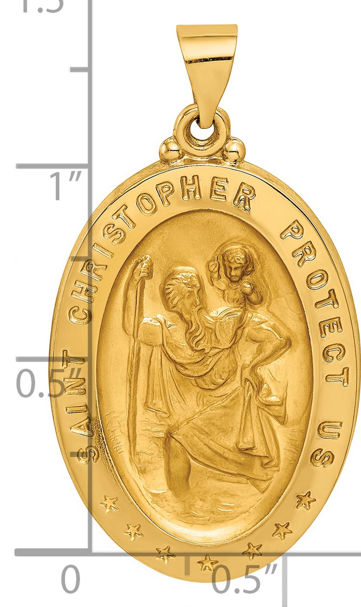 Hollow Saint Christopher Protect Us Words Oval Medal Charm Pendant in Real 14k Yellow Gold