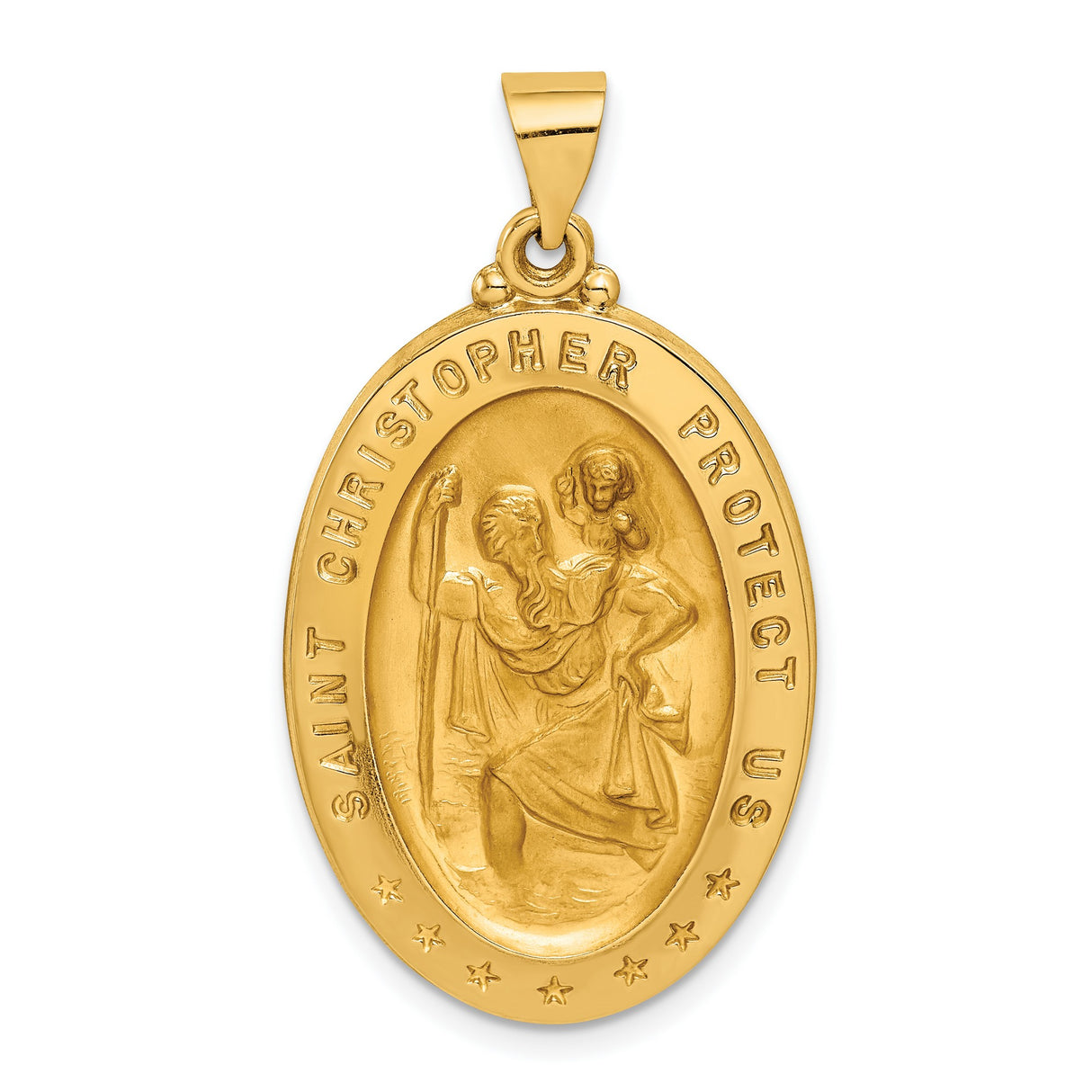 Hollow Saint Christopher Protect Us Words Oval Medal Charm Pendant in Real 14k Yellow Gold