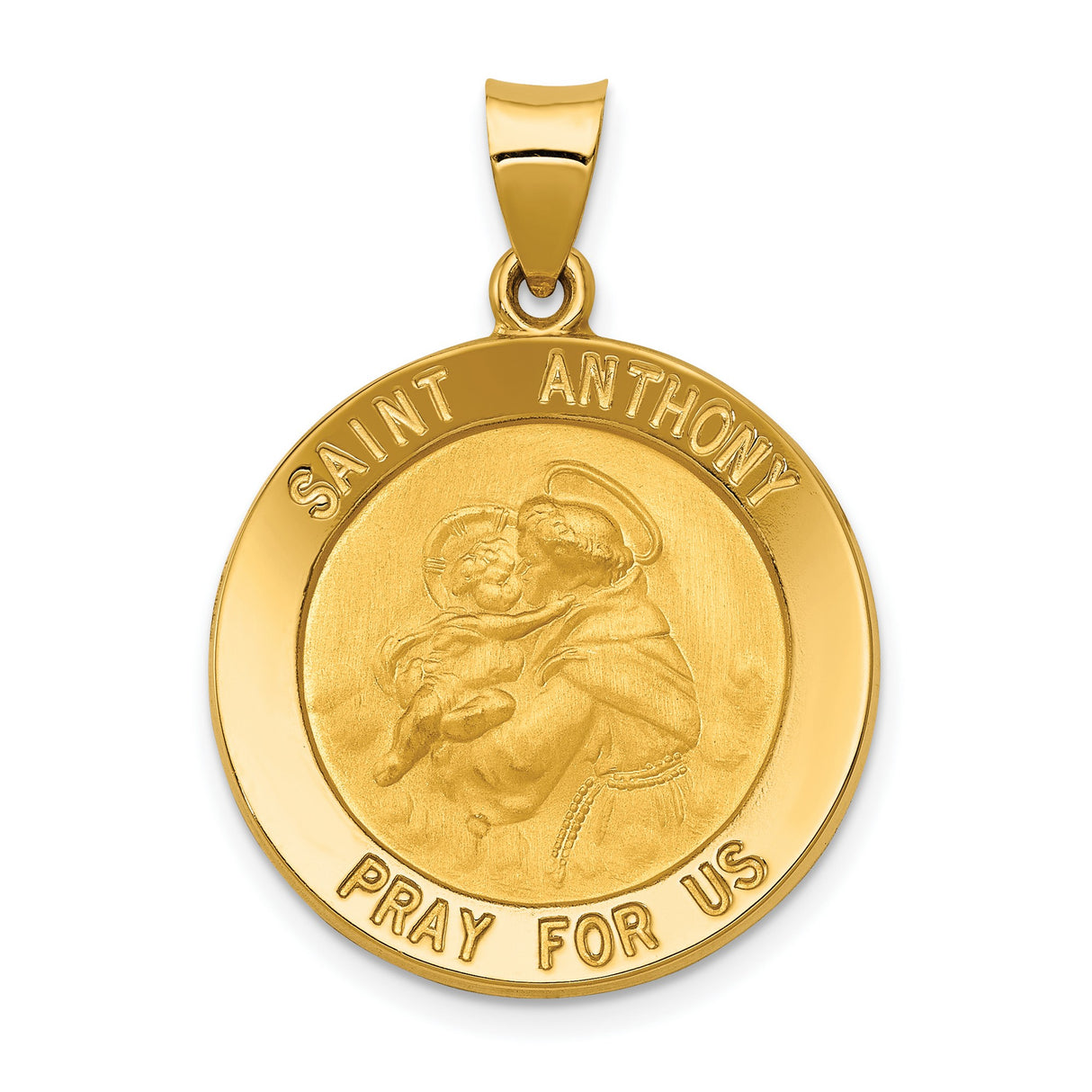 Hollow Saint Anthony Pray For Us Words Round Charm Pendant in Real 14k Yellow Gold