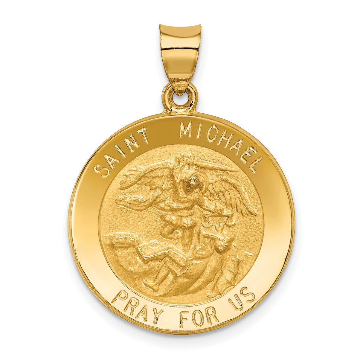 Round Hollow Saint Michael Pray For Us Words Medal Charm Pendant in Real 14k Yellow Gold