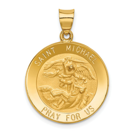 Round Hollow Saint Michael Pray For Us Words Medal Charm Pendant in Real 14k Yellow Gold