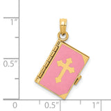 Opening Pink Bible With Cross And Lords Prayer Inside Charm Pendant in Real 14k Yellow Gold