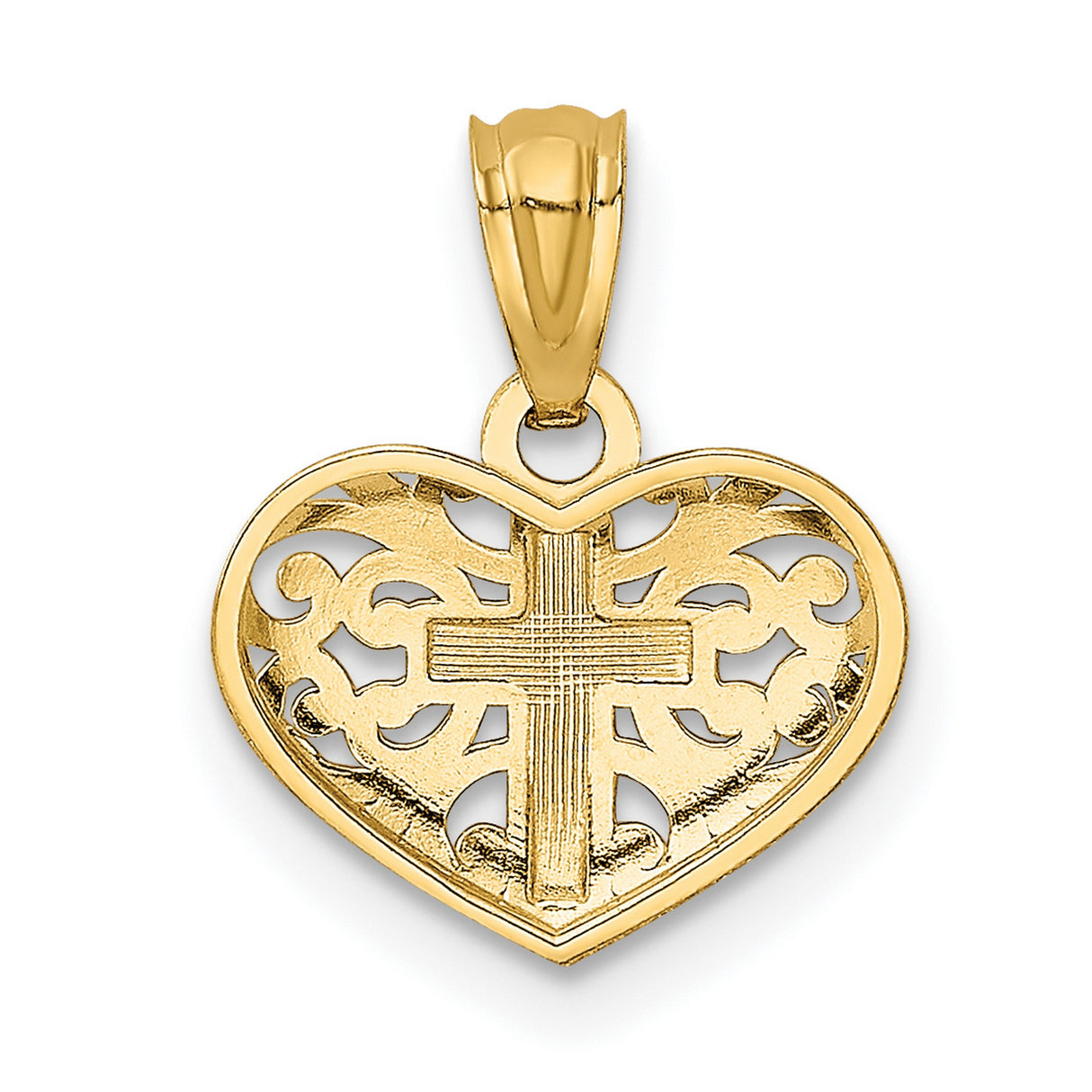 Cross Filigree Heart Charm Pendant in Real 14k Multi-Tone Gold