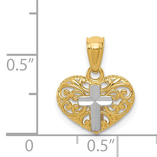 14k Multi-Tone Gold Filigree Heart Pendant with White Gold Cross Accent