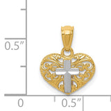 14k Multi-Tone Gold Filigree Heart Pendant with White Gold Cross Accent