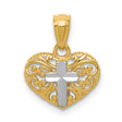 Cross Filigree Heart Charm Pendant in Real 14k Multi-Tone Gold